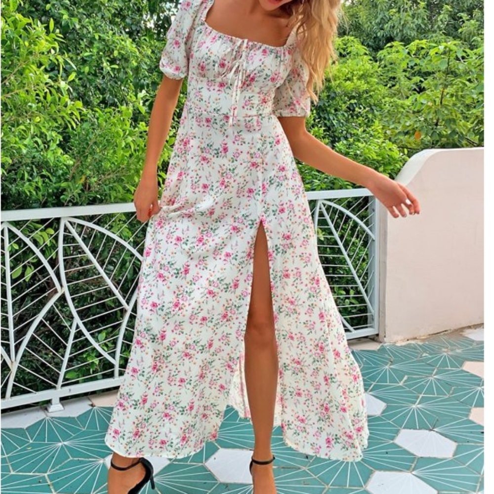 Joyfunear Square Neck Split Thigh Floral Dress